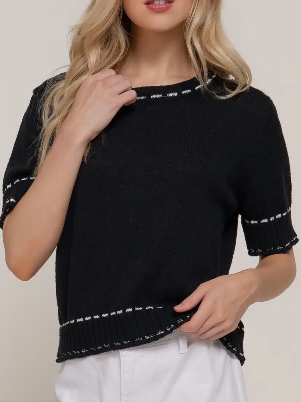 ShopEvelynne Black Short-Sleeve Knit Sweater with White Stitching